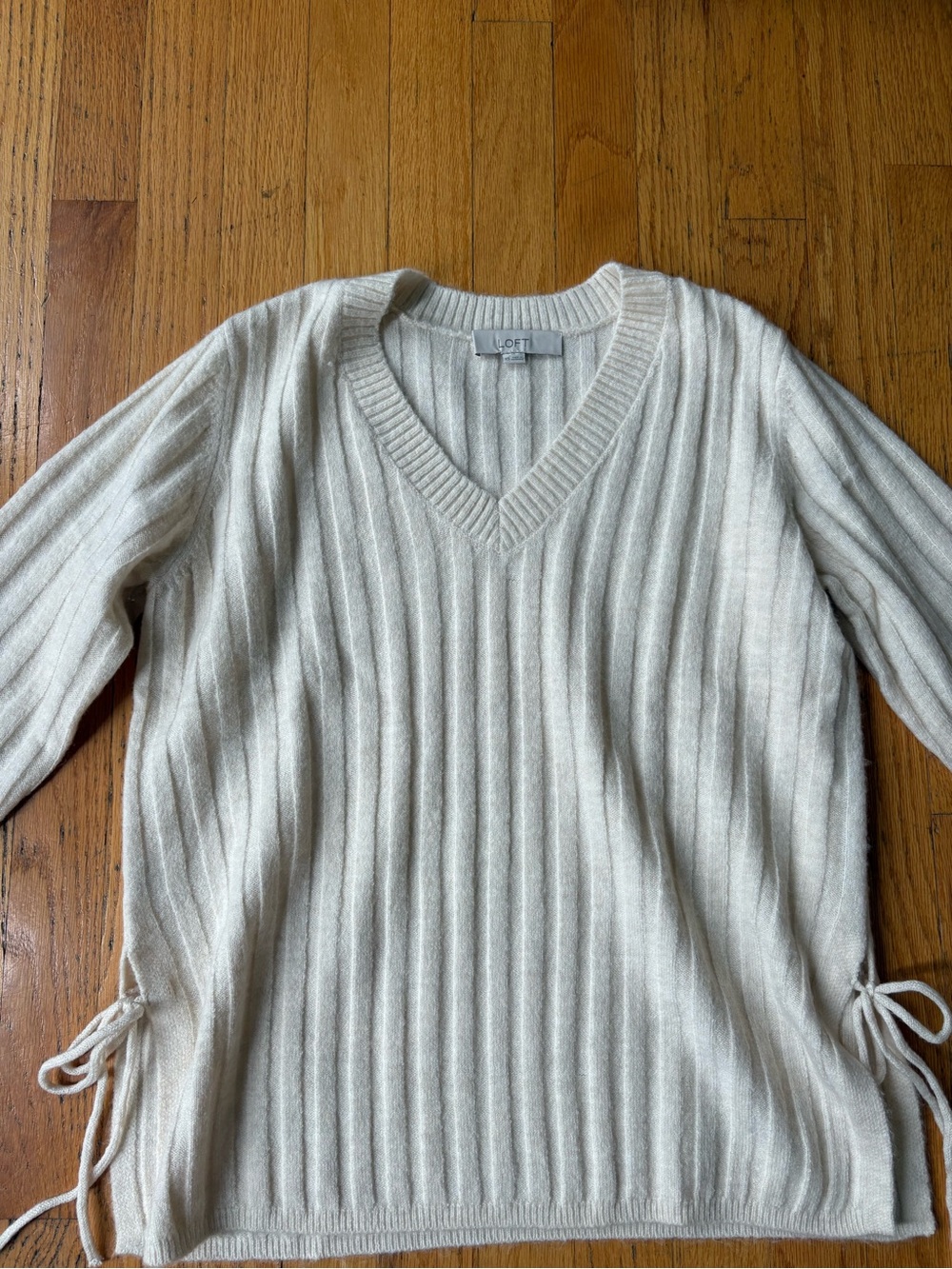 LOFT Cream Ribbed V-Neck Side-Tie Sweater